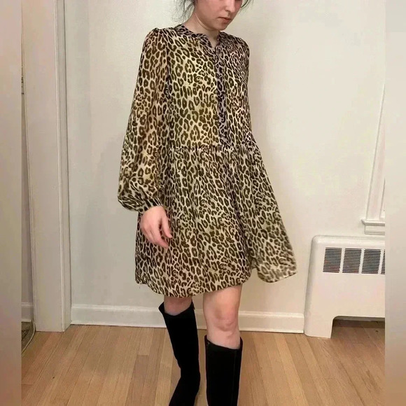 H&M Animal Print Sheer Chiffon Ballon sleeve Flowy button Down mini Dress S/M - Picture 1 of 9